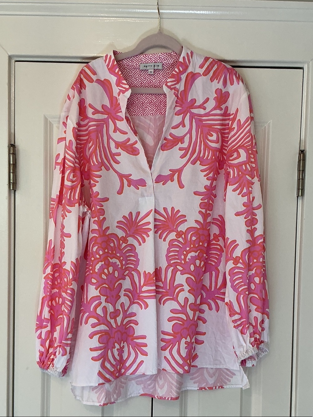 PATTY KIM White Top with Pink and Orange Fun Print Size Medium - Picture 1 of 5